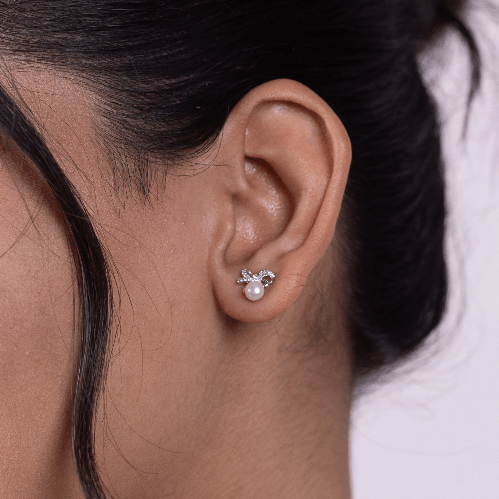 Diamond Bow Pearl Stud Earrings - Onira Jewels