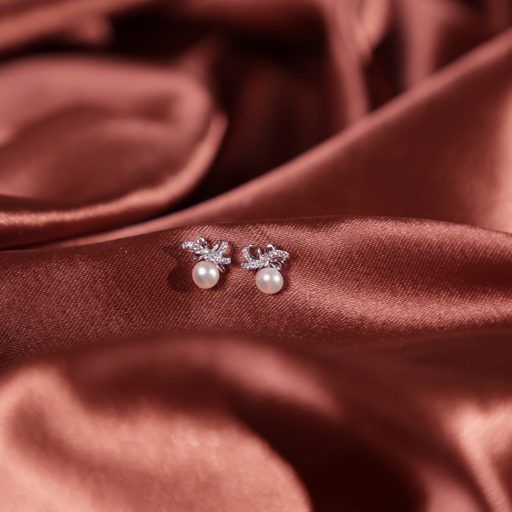 Diamond Bow Pearl Stud Earrings - Onira Jewels